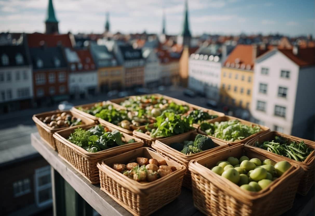 A vibrant cityscape with green rooftops and bustling streets, showcasing a sustainable and eco-friendly lunch delivery service in Copenhagen