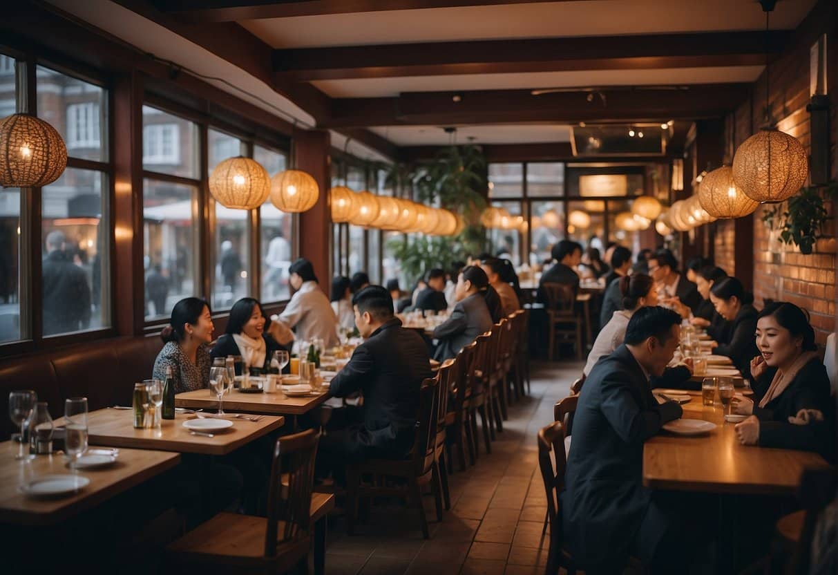 A bustling Korean restaurant in Copenhagen, filled with diners enjoying traditional dishes. Vibrant decor and aromas fill the air