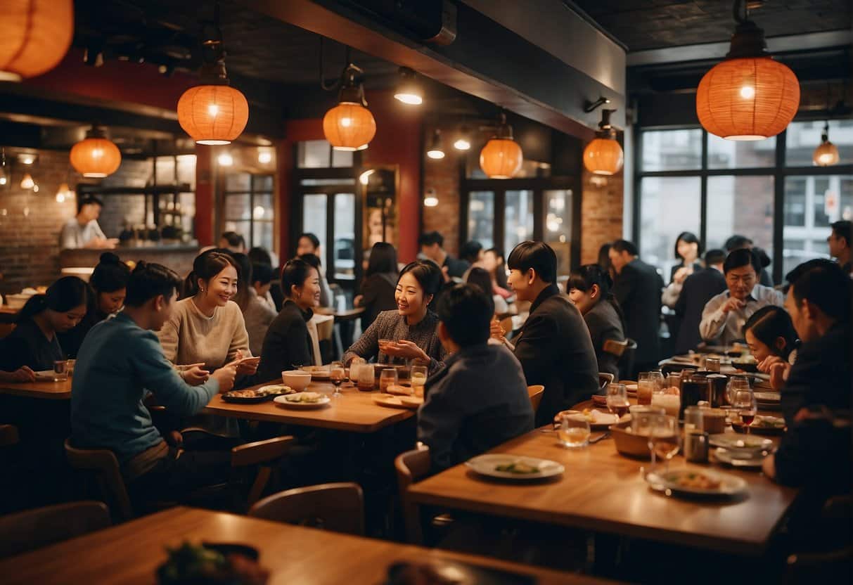 A bustling Korean restaurant in Copenhagen, filled with the aroma of sizzling meats and spicy kimchi. Colorful dishes line the tables, while diners chat and enjoy the lively atmosphere