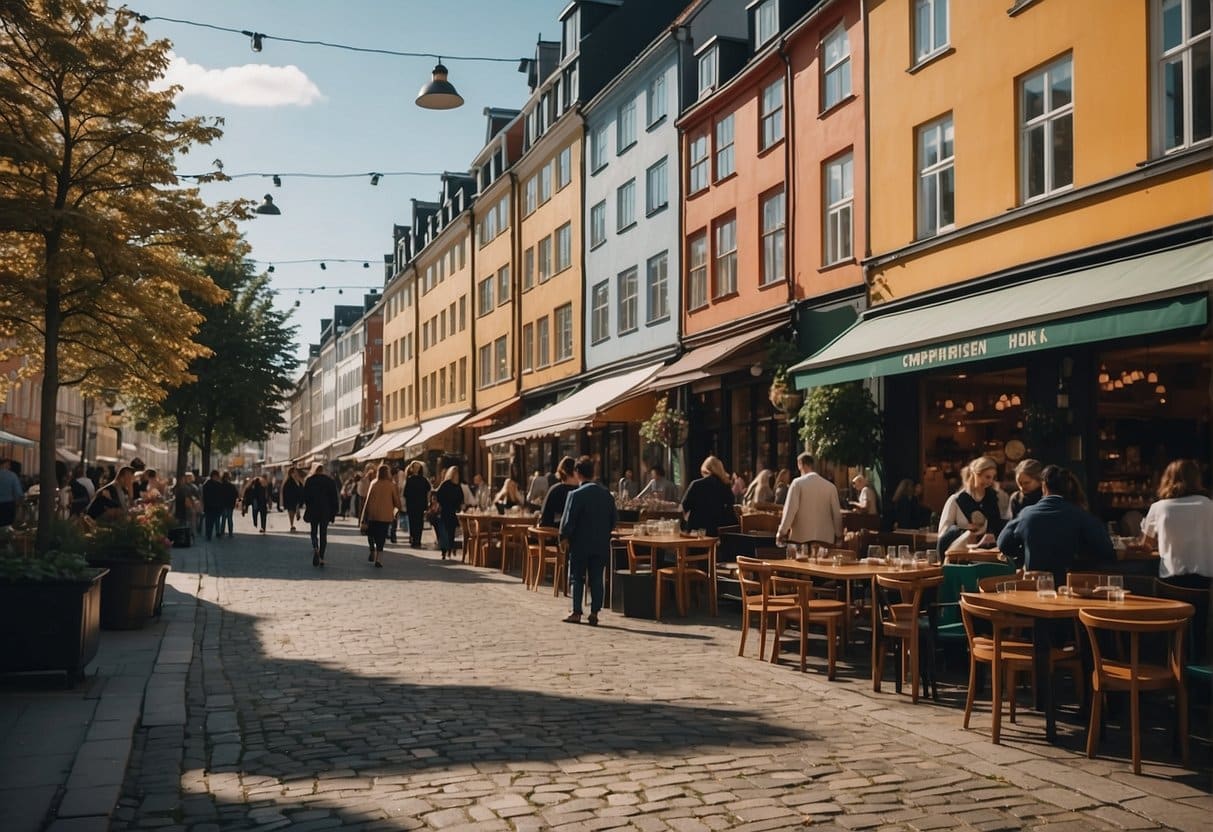 A bustling street in Copenhagen, lined with vibrant Korean restaurants, their colorful signs and aromatic dishes enticing passersby in 2024