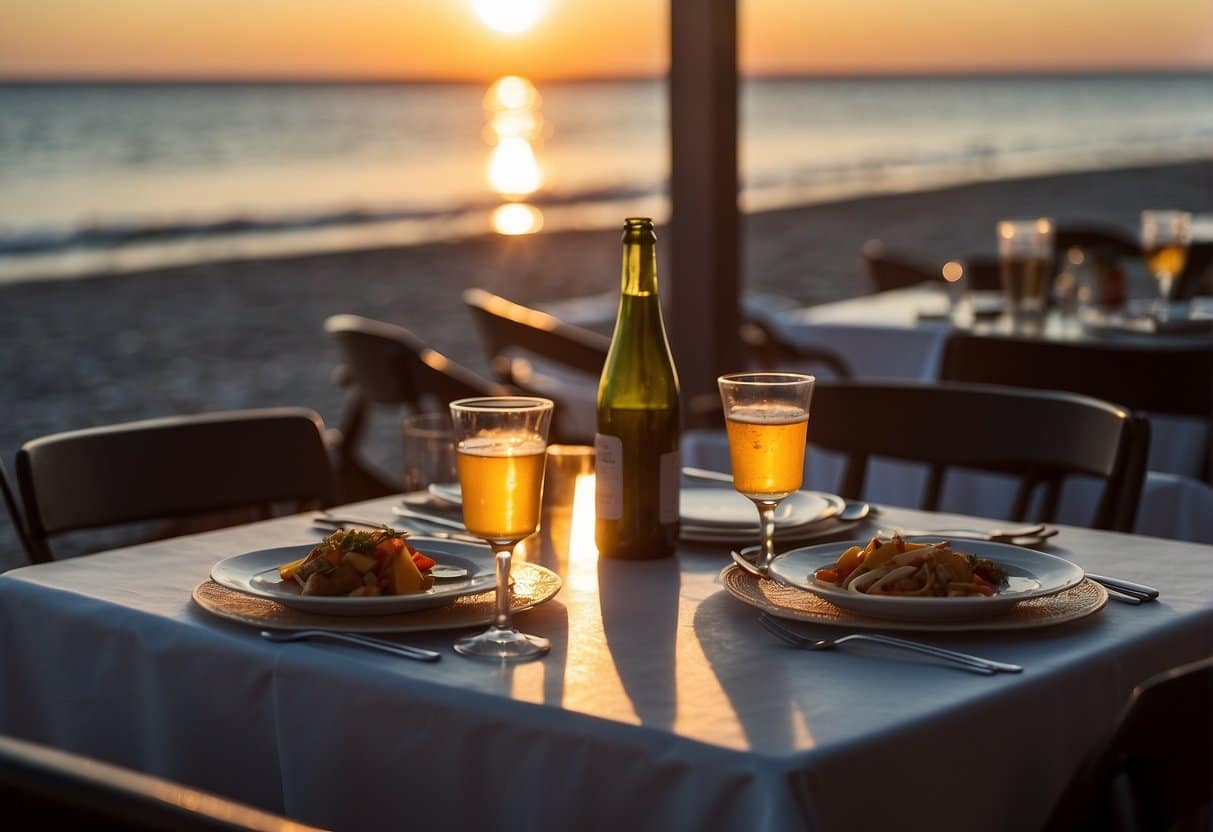 A seaside restaurant in North Jutland, 2024. The sun sets over the horizon, casting a warm glow on the outdoor dining area. Waves gently crash against the shore as diners enjoy their meals