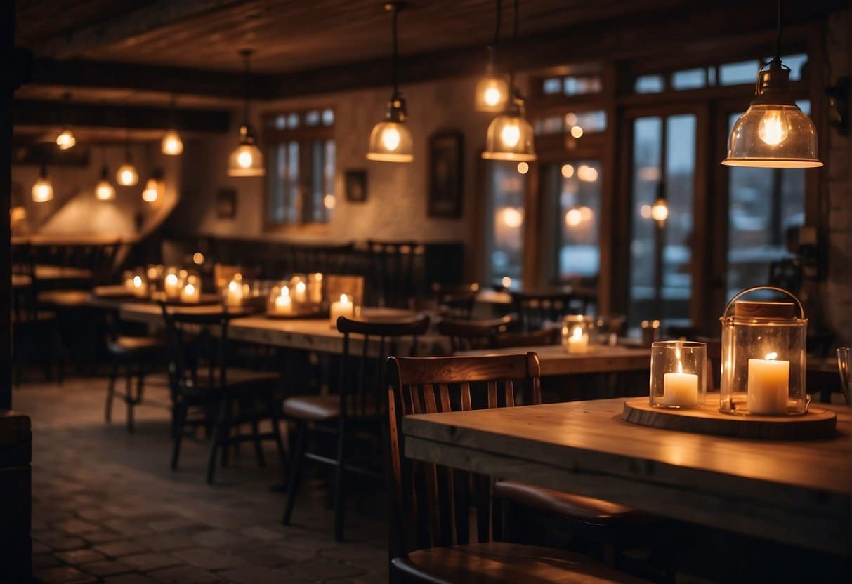 A cozy, candlelit restaurant nestled in the heart of Nordjylland, with rustic wooden tables and soft ambient lighting, creating a warm and inviting atmosphere