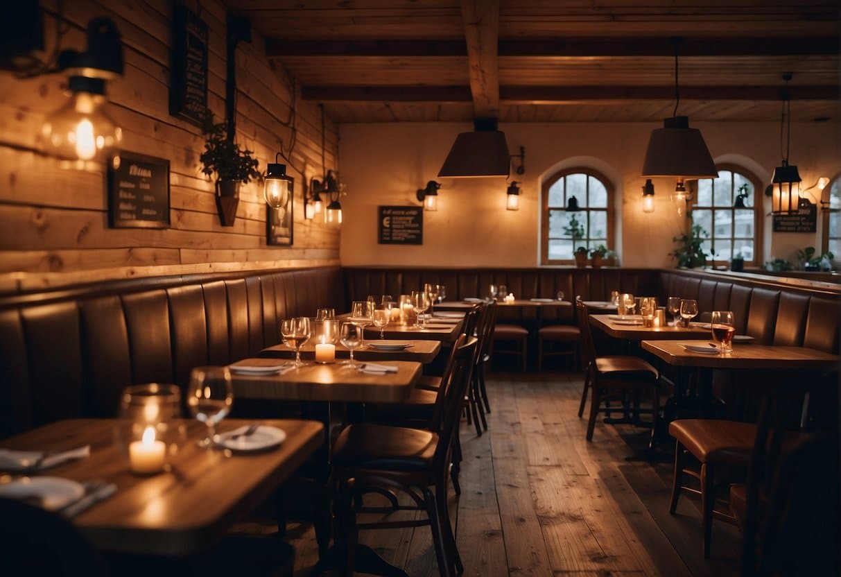 A cozy, candlelit restaurant in Nordjylland with a warm, rustic interior and a menu showcasing specialized and innovative cuisine