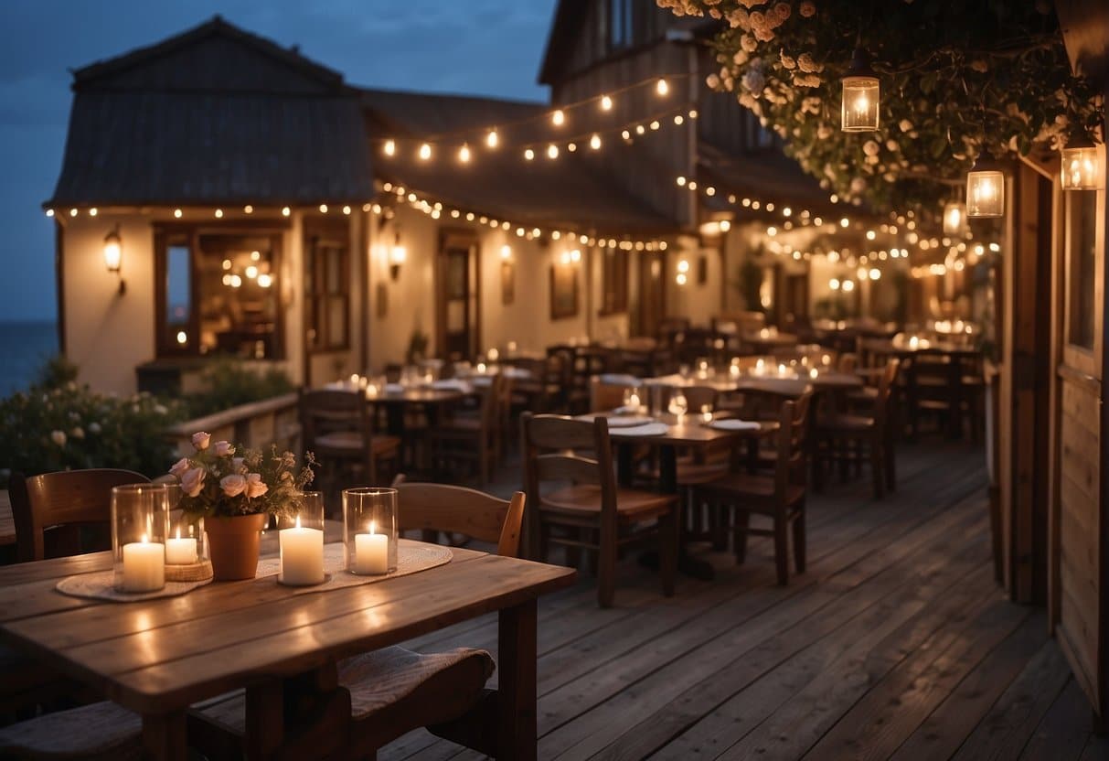 A cozy, rustic restaurant nestled in a quaint coastal village. Soft candlelight illuminates wooden tables adorned with fresh flowers. The sound of waves and seagulls fills the air