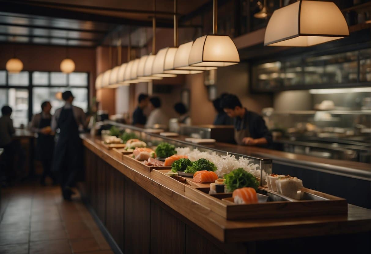 A bustling Japanese restaurant in Copenhagen, with traditional decor and a sushi bar. Patrons enjoy their meals while chefs skillfully prepare dishes