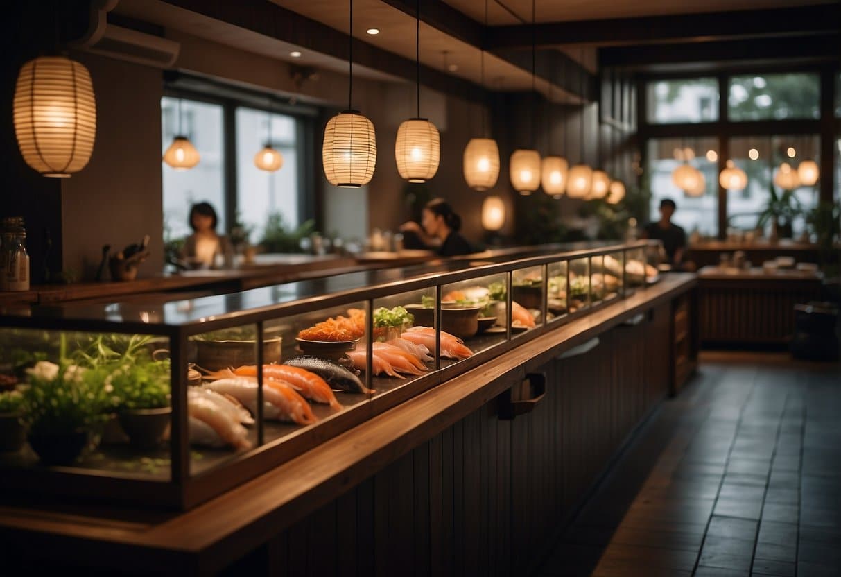 A cozy Japanese restaurant in Copenhagen with traditional decor, low tables, and paper lanterns. Sushi chefs prepare fresh fish behind a wooden counter