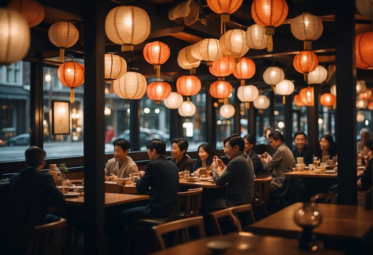 A bustling Japanese restaurant in Copenhagen, 2024, with traditional decor, paper lanterns, and diners enjoying sushi and sashimi