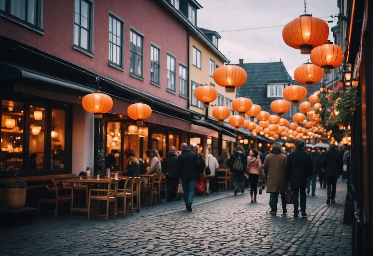 A bustling street in Copenhagen lined with colorful Japanese restaurants, with traditional lanterns hanging outside and the aroma of sizzling teriyaki filling the air