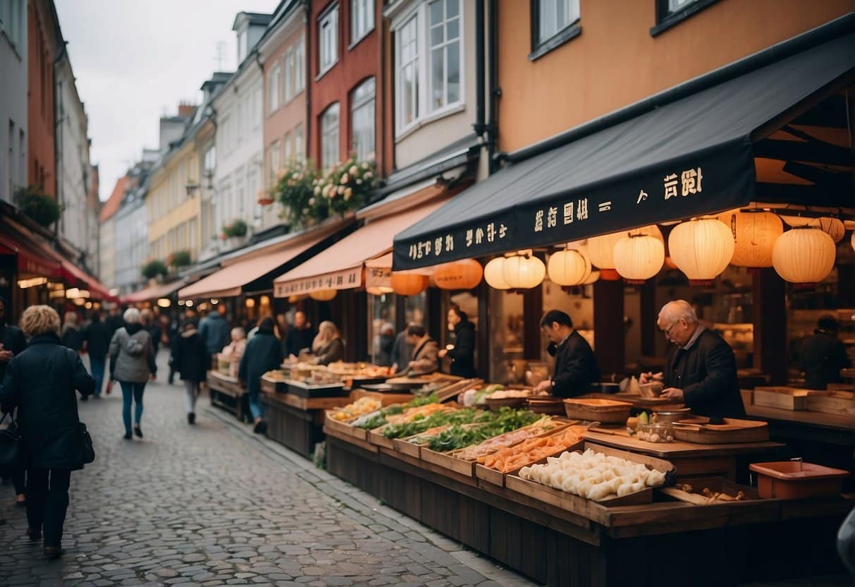 A bustling street in Copenhagen, lined with traditional Japanese restaurants and vibrant signage, filled with the aroma of sizzling tempura and sashimi