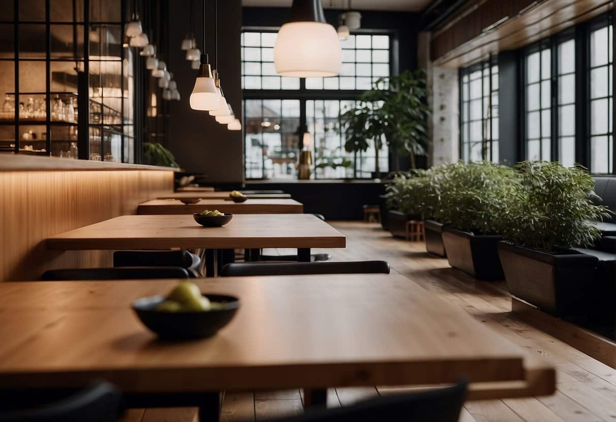 A modern Japanese restaurant in Copenhagen in 2024, with minimalist decor, traditional tatami seating, and a sleek sushi bar