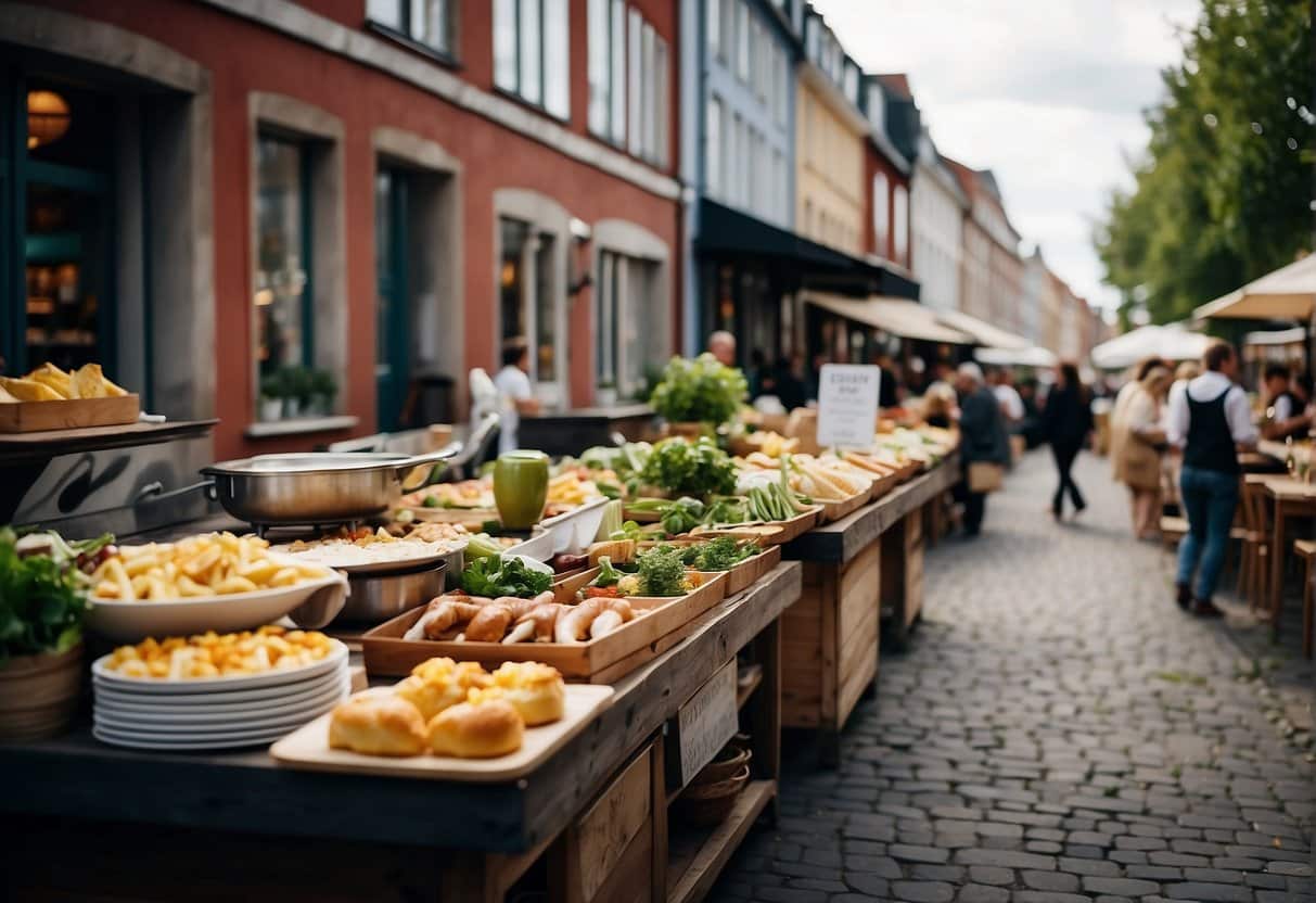 A bustling street lined with eclectic restaurants and food stalls, showcasing the diverse culinary culture and dining trends of 2024 in Christianshavn