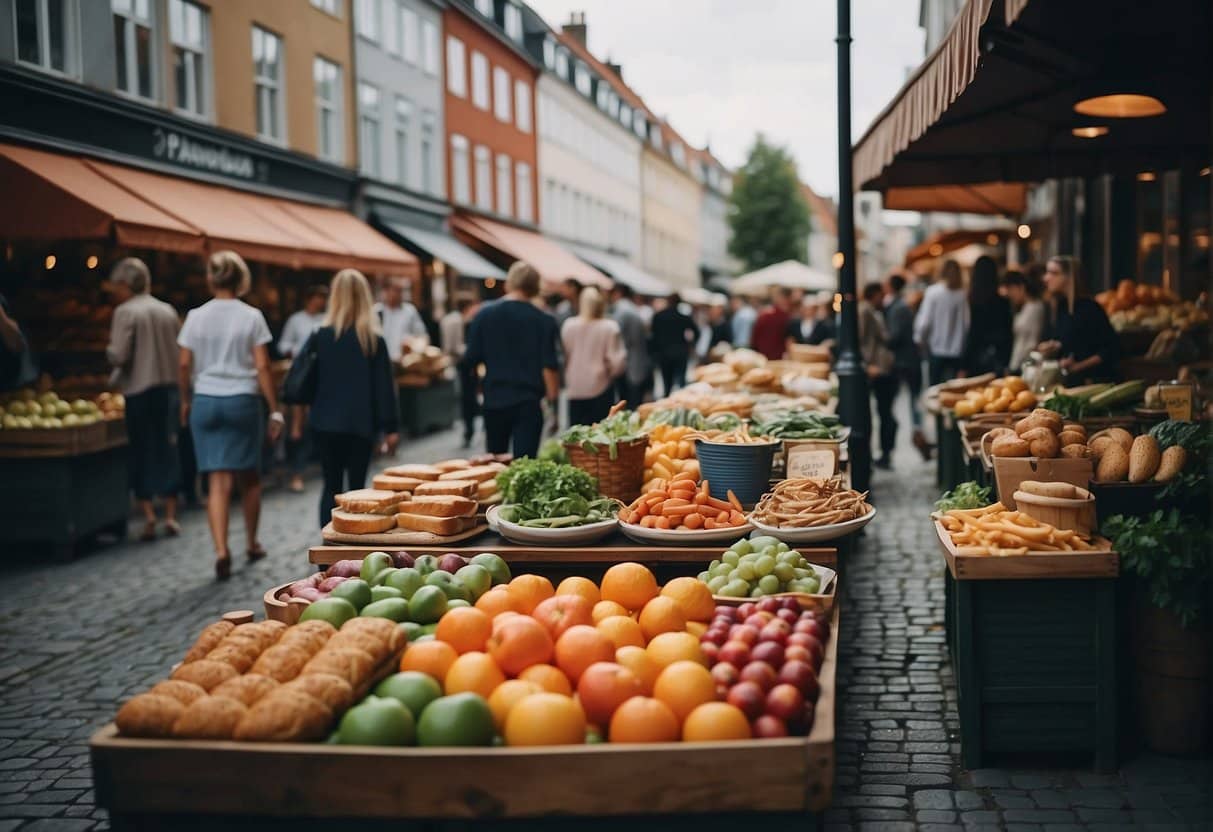 A bustling street in Copenhagen with colorful food stalls and trendy cafes, showcasing the city's vibrant food culture and lunch trends