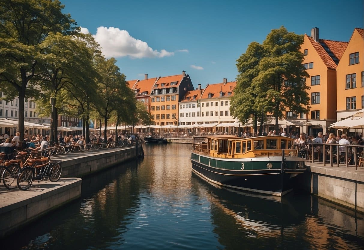 A bustling waterfront scene with modern restaurants and historic architecture on Christianshavn in 2024