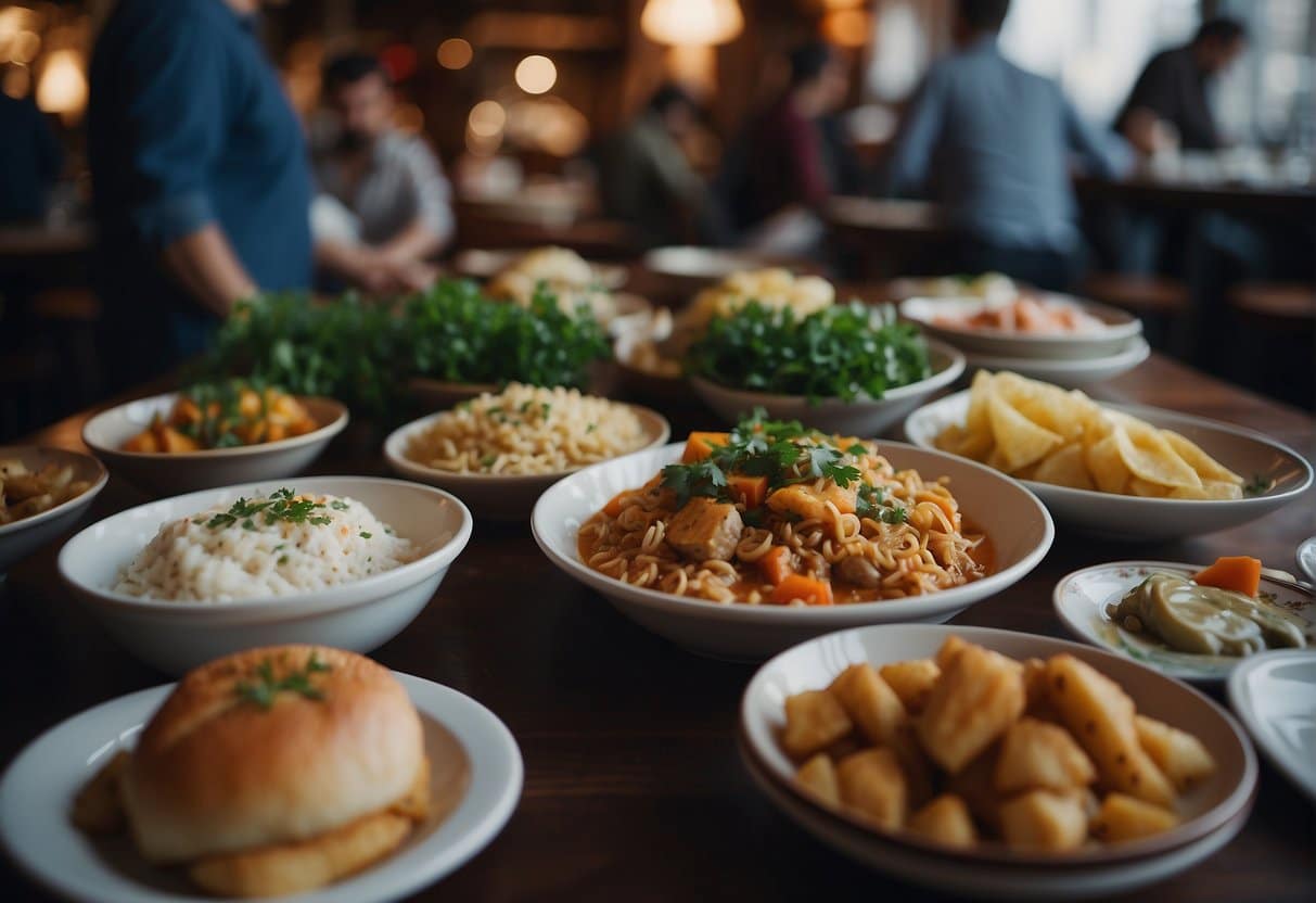 A bustling Turkish restaurant in Copenhagen, filled with colorful dishes and lively conversations, showcasing the diversity of Turkish cuisine