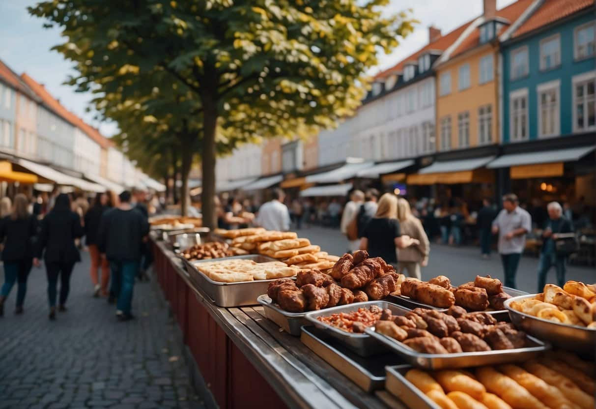 A bustling street in Copenhagen lined with colorful Turkish restaurants, filled with the aroma of sizzling kebabs and freshly baked bread