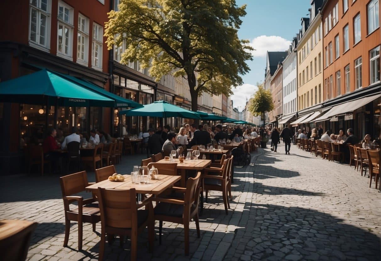 A bustling street in Copenhagen, lined with vibrant Turkish restaurants, showcasing a fusion of traditional and modern Turkish cuisine