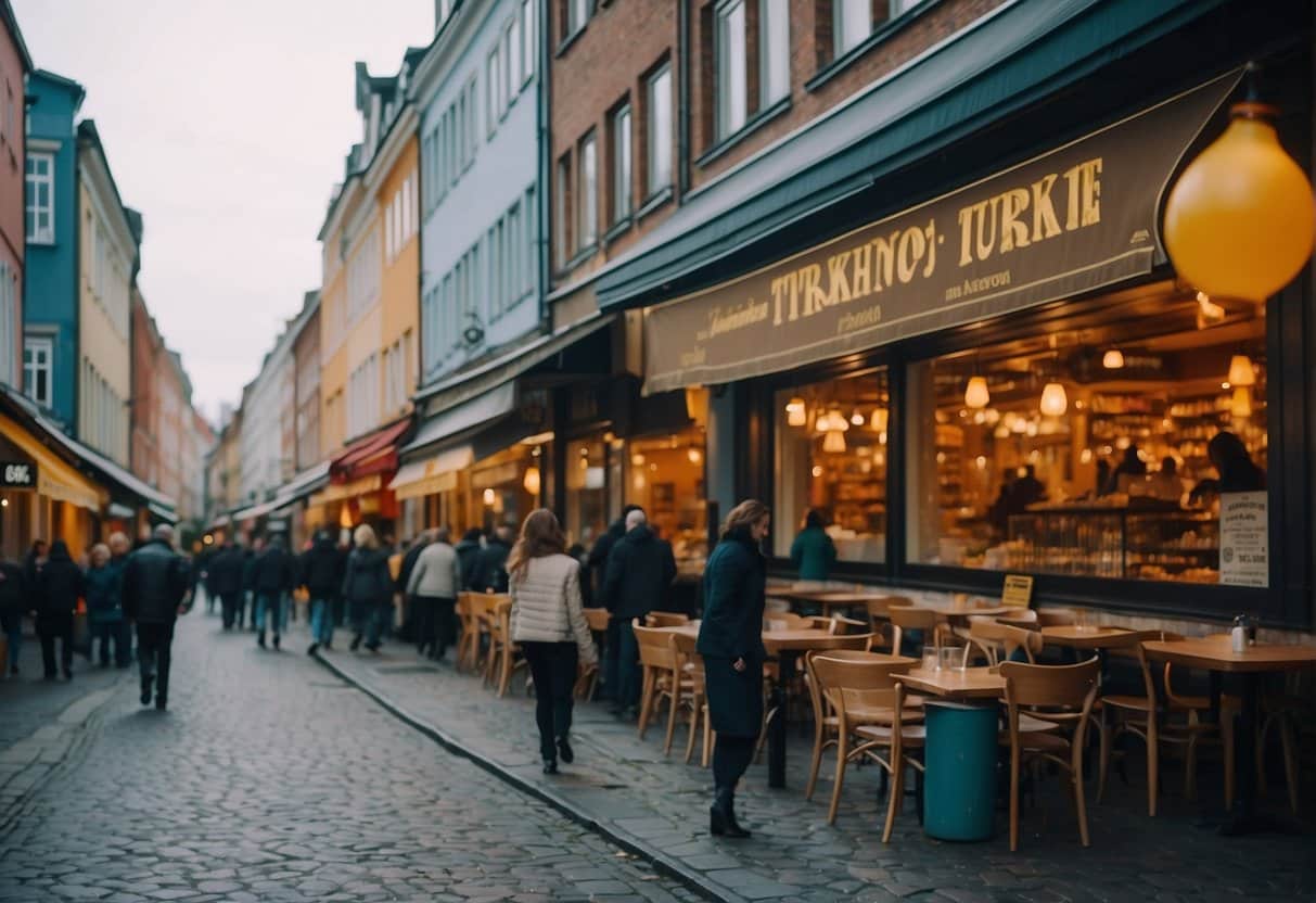 A bustling street lined with colorful Turkish restaurants offering takeaway and delivery options in Copenhagen 2024