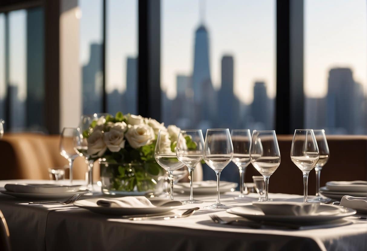 A bustling dining room with elegant decor and a view of the city skyline through large windows. Tables are set with crisp linens and sparkling glassware