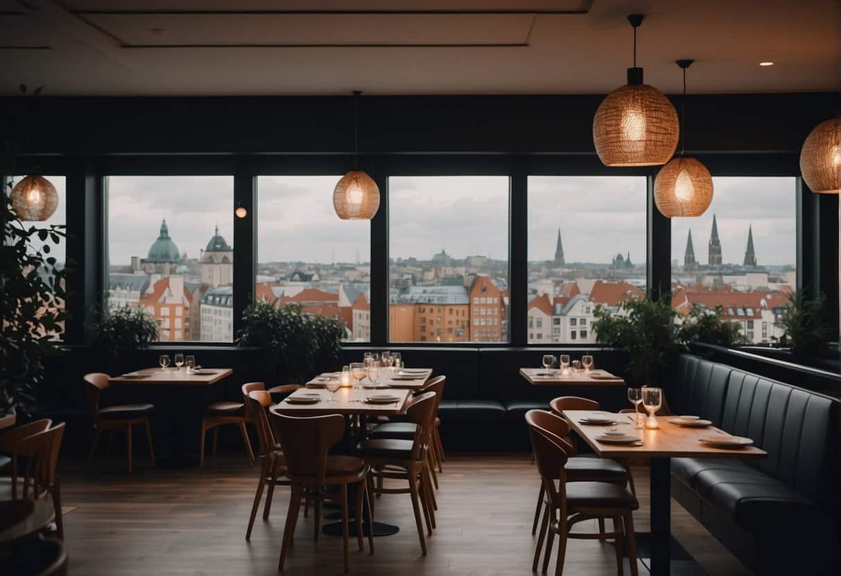 A cozy Danish restaurant with modern decor, dim lighting, and a view of the bustling city streets through large windows