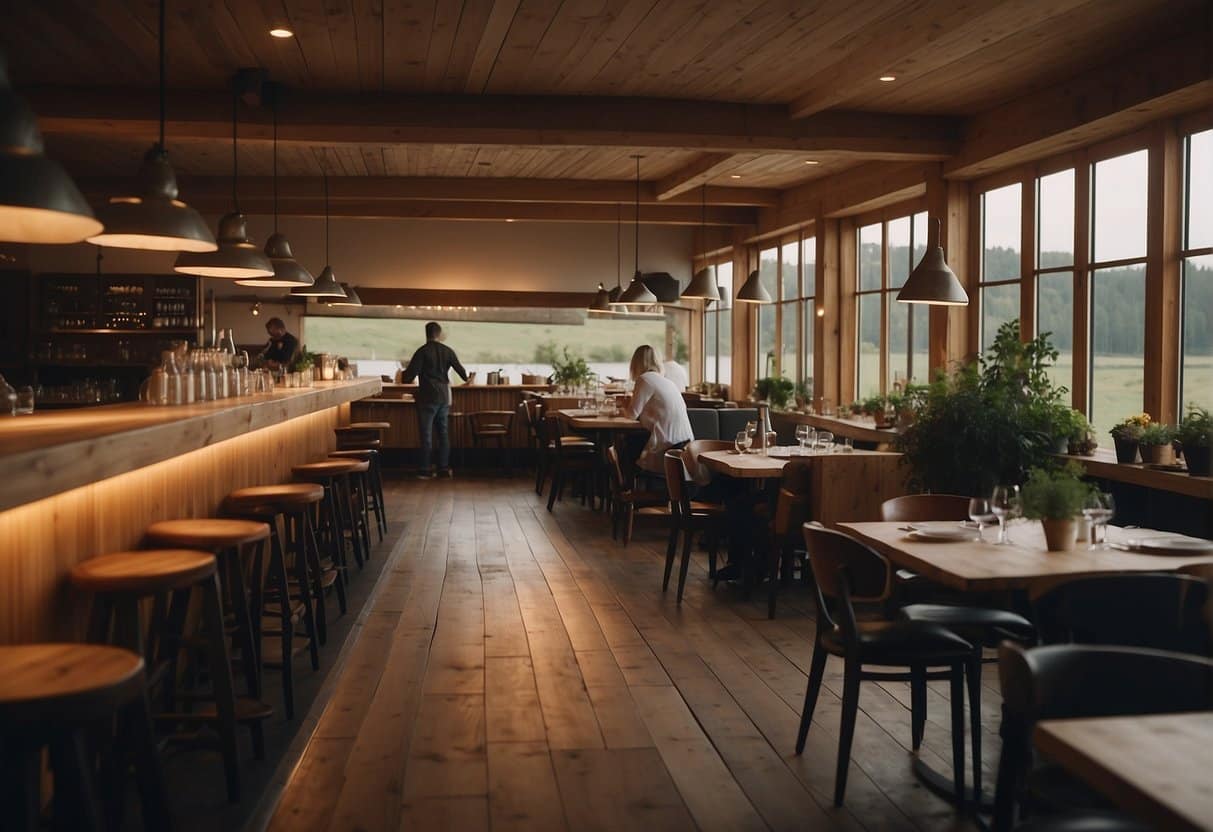 A cozy Danish restaurant with wooden tables, soft lighting, and a view of the countryside. A chef prepares traditional dishes in the open kitchen, while guests enjoy their meals and conversation