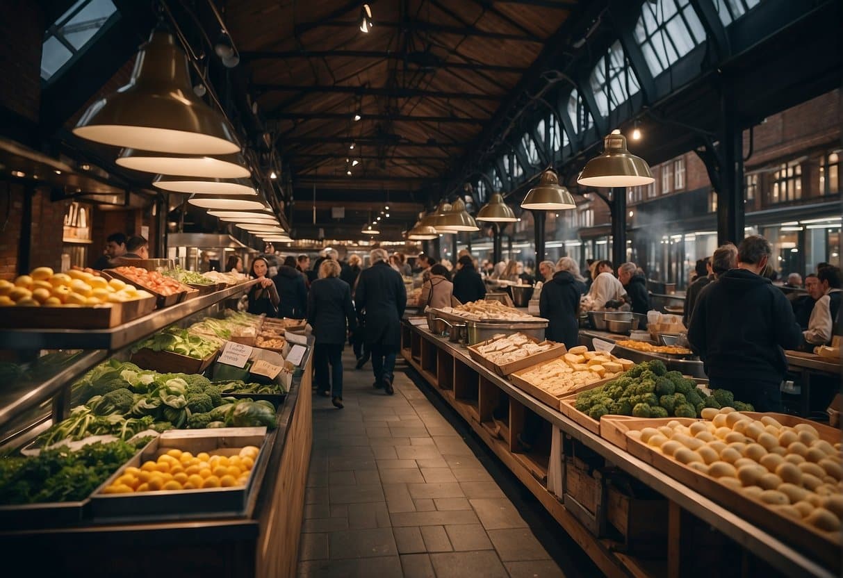 A bustling food market with various cuisines and dining experiences, showcasing the best restaurants in Denmark 2024