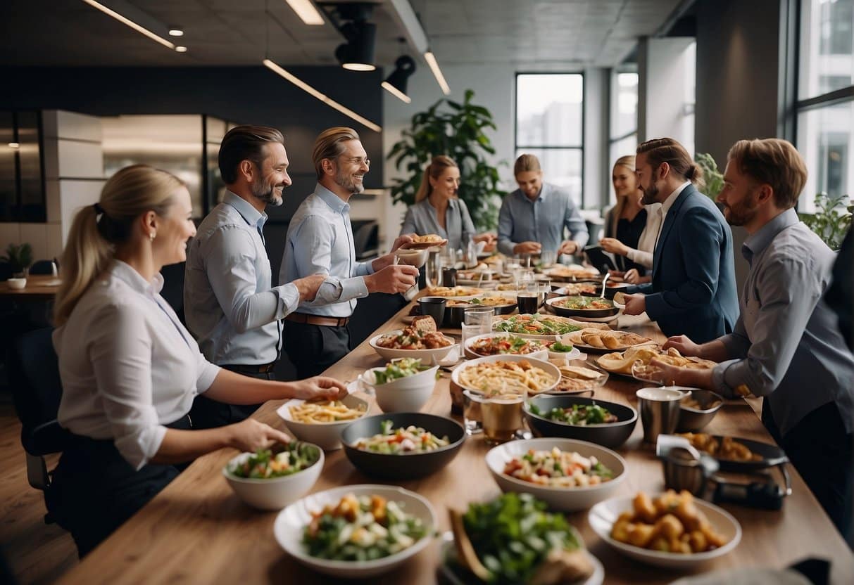 A bustling office with employees enjoying a delicious lunch from the best catering service in Copenhagen, while a dedicated support and customer service team assists clients