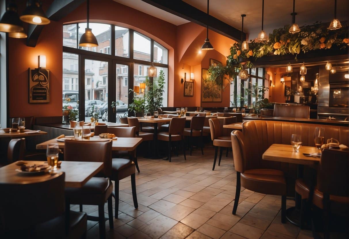 A bustling Lebanese restaurant in Copenhagen, filled with colorful decor, aromatic spices, and sizzling dishes on every table