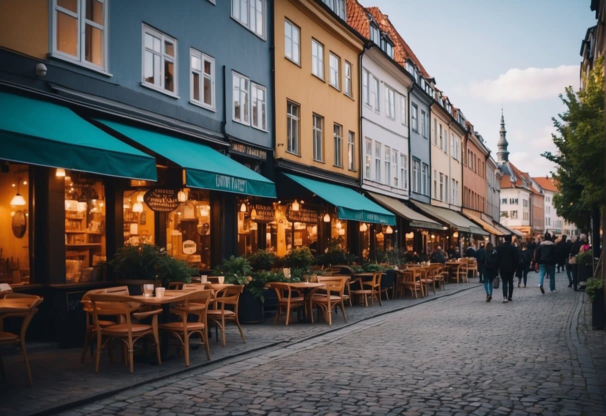 A bustling street in Copenhagen, lined with vibrant Lebanese restaurants in 2024. Colorful outdoor seating and tantalizing aromas fill the air