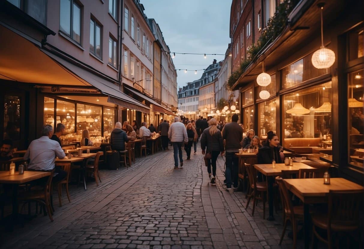 A bustling street in Copenhagen, lined with vibrant and welcoming Lebanese restaurants, filled with the aroma of exotic spices and sizzling grills