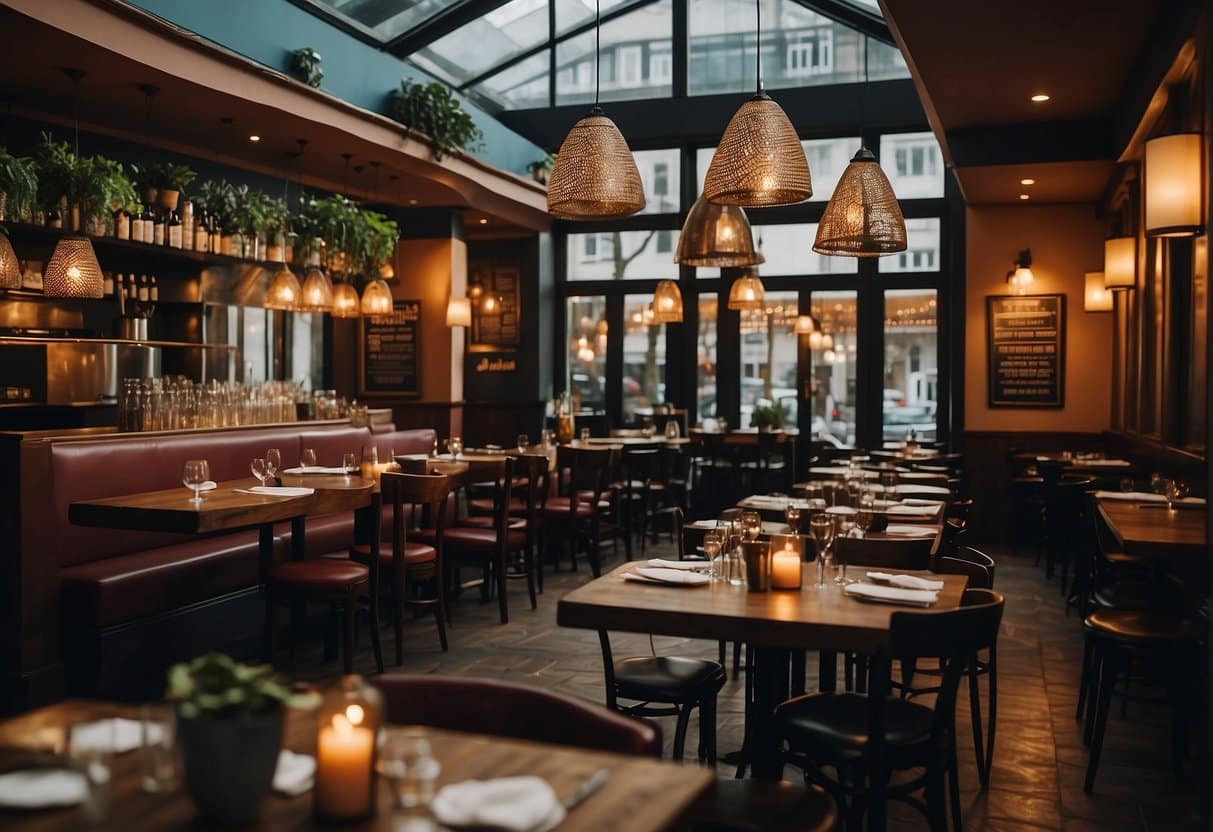 The bustling atmosphere of a top Lebanese restaurant in Copenhagen, 2024. Rich colors, aromatic scents, and lively conversations create a vibrant and inviting ambiance