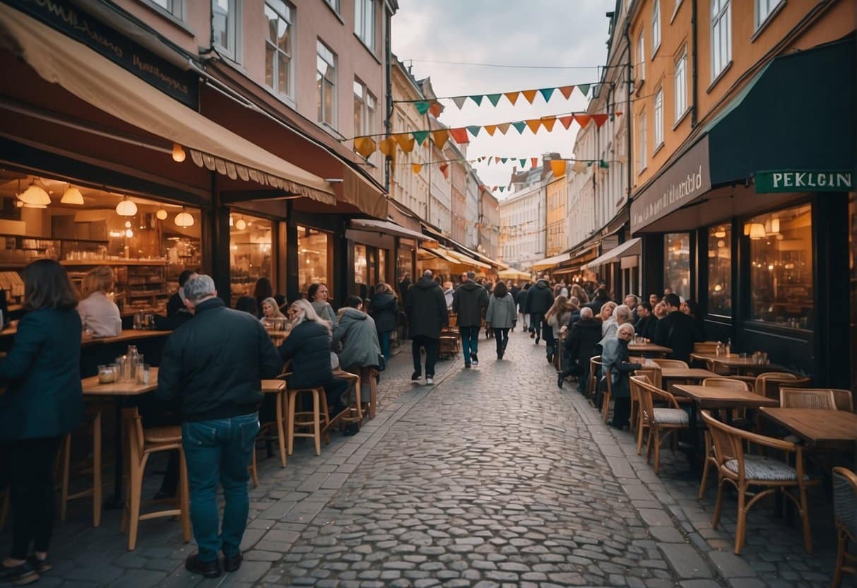 A bustling street in Copenhagen, with colorful signs and bustling crowds, leading to a charming Lebanese restaurant with inviting outdoor seating