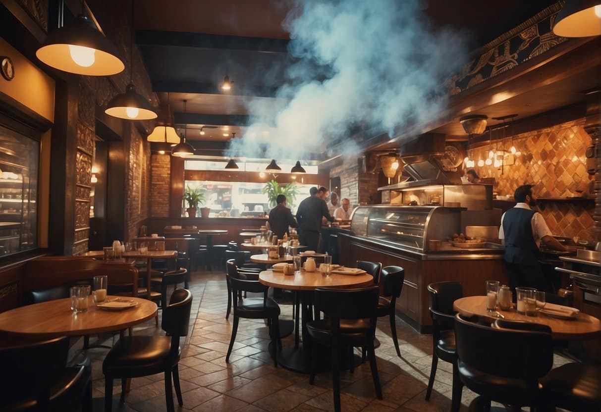 A bustling restaurant with traditional Lebanese decor, colorful murals, and aromatic smoke rising from sizzling grills. Customers enjoy flavorful dishes and lively conversation