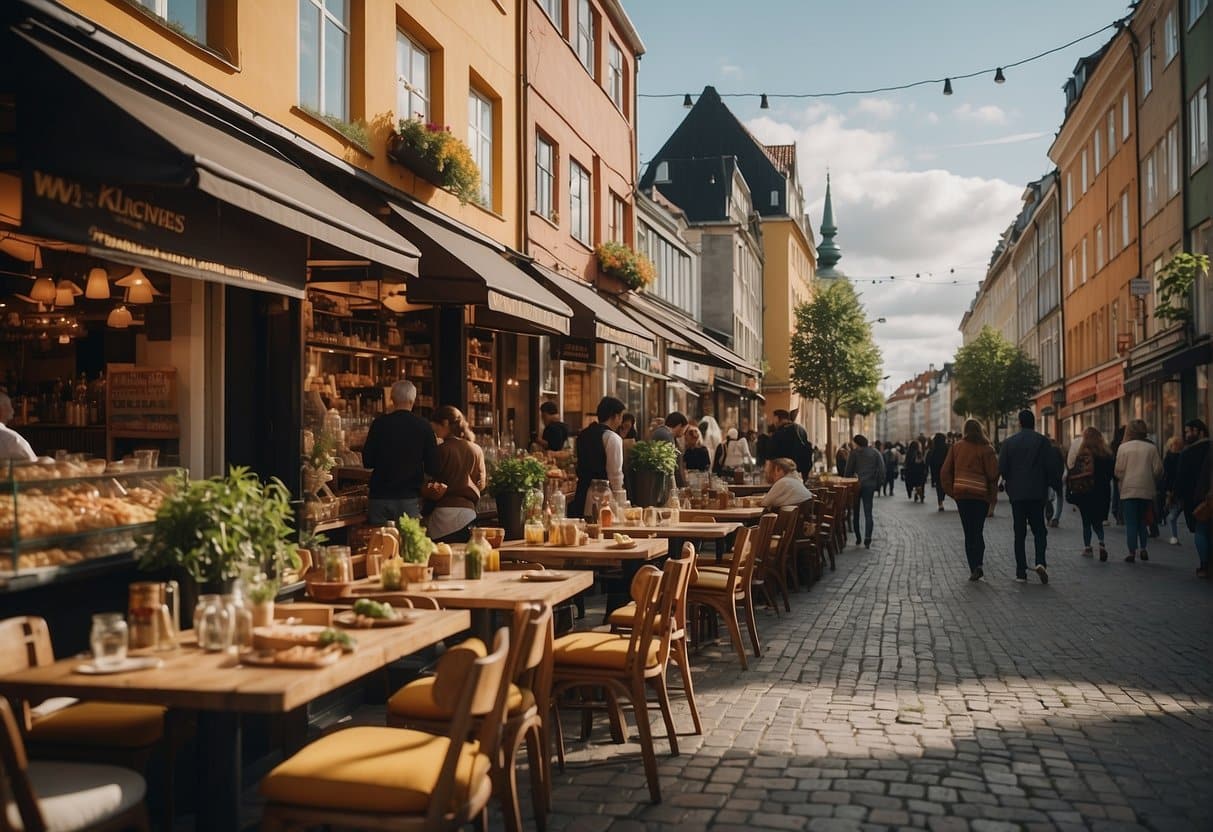 A bustling street in Copenhagen, with colorful signs and outdoor seating. A warm, inviting atmosphere with the smell of delicious Lebanese cuisine in the air