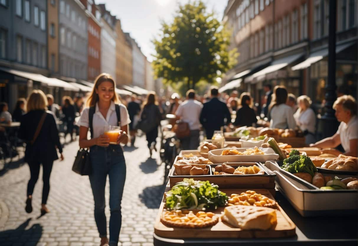 A bustling Copenhagen street with people enjoying lunch from a variety of food delivery services. The sun is shining, and there is a mix of traditional Danish architecture and modern buildings in the background