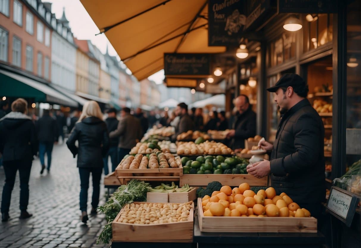 A bustling street lined with diverse food vendors and gourmet restaurants in Copenhagen, 2024