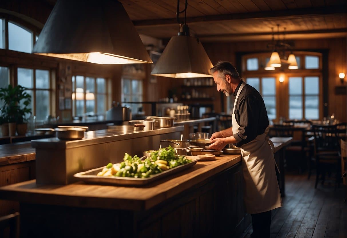 A cozy restaurant in Sønderjylland, 2024, with dim lighting, rustic wooden furniture, and a warm, inviting atmosphere. A chef is seen through the open kitchen, preparing a dish with fresh, local ingredients