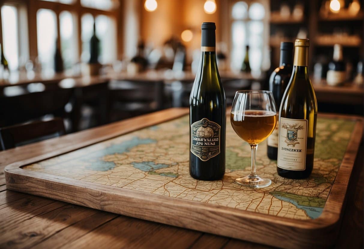 A rustic wooden table with a map of Sønderjylland, surrounded by bottles of wine, beer, and spirits. The map is labeled "Best Restaurants in Sønderjylland 2024."