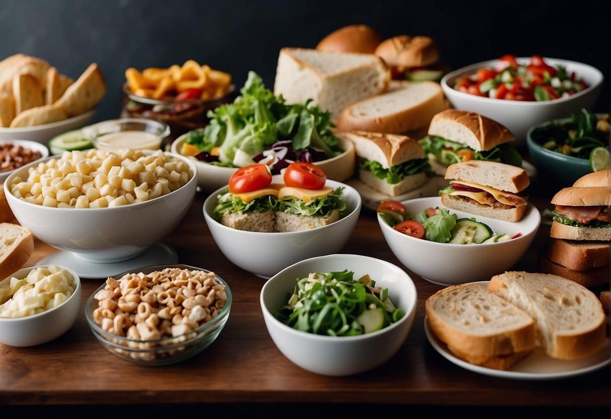 A table with a variety of lunch options, including sandwiches, salads, and hot dishes, displayed in an organized and appealing manner