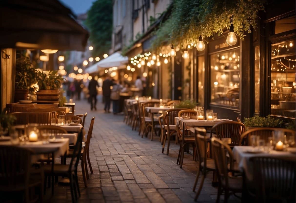 A bustling street lined with charming restaurants and cafes, each offering their own unique culinary delights. The aroma of freshly baked bread and sizzling dishes fills the air, while patrons dine al fresco under the warm glow of string lights