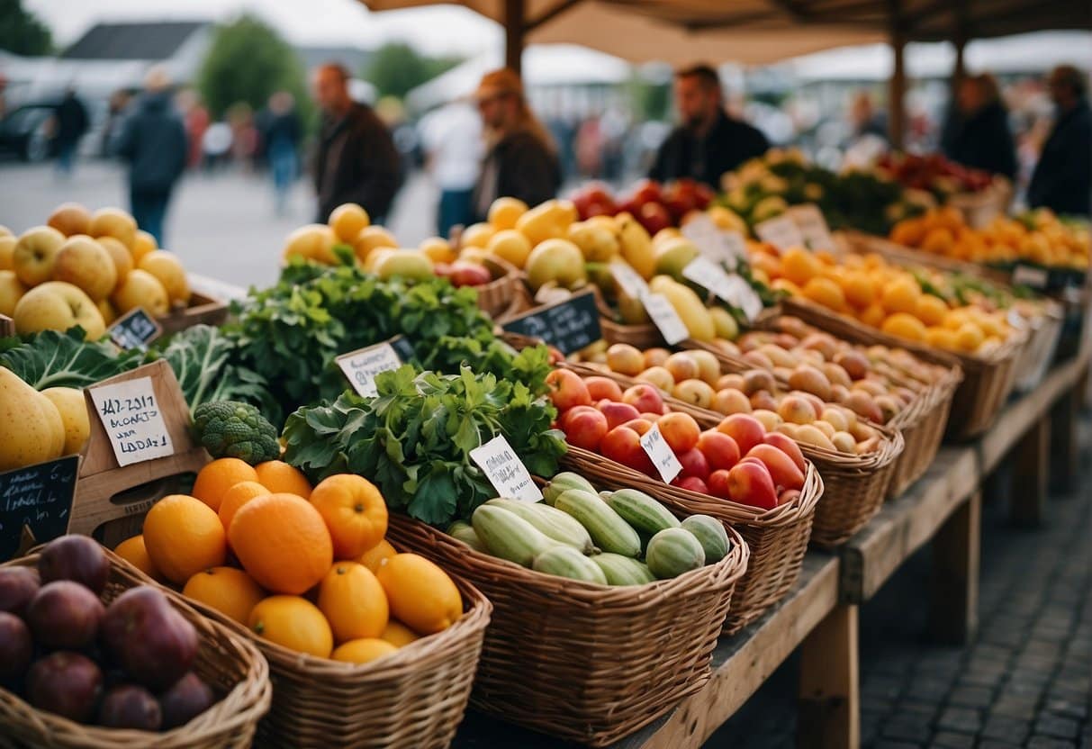 A bustling farmers market with colorful produce and local delicacies in Sønderjylland, 2024