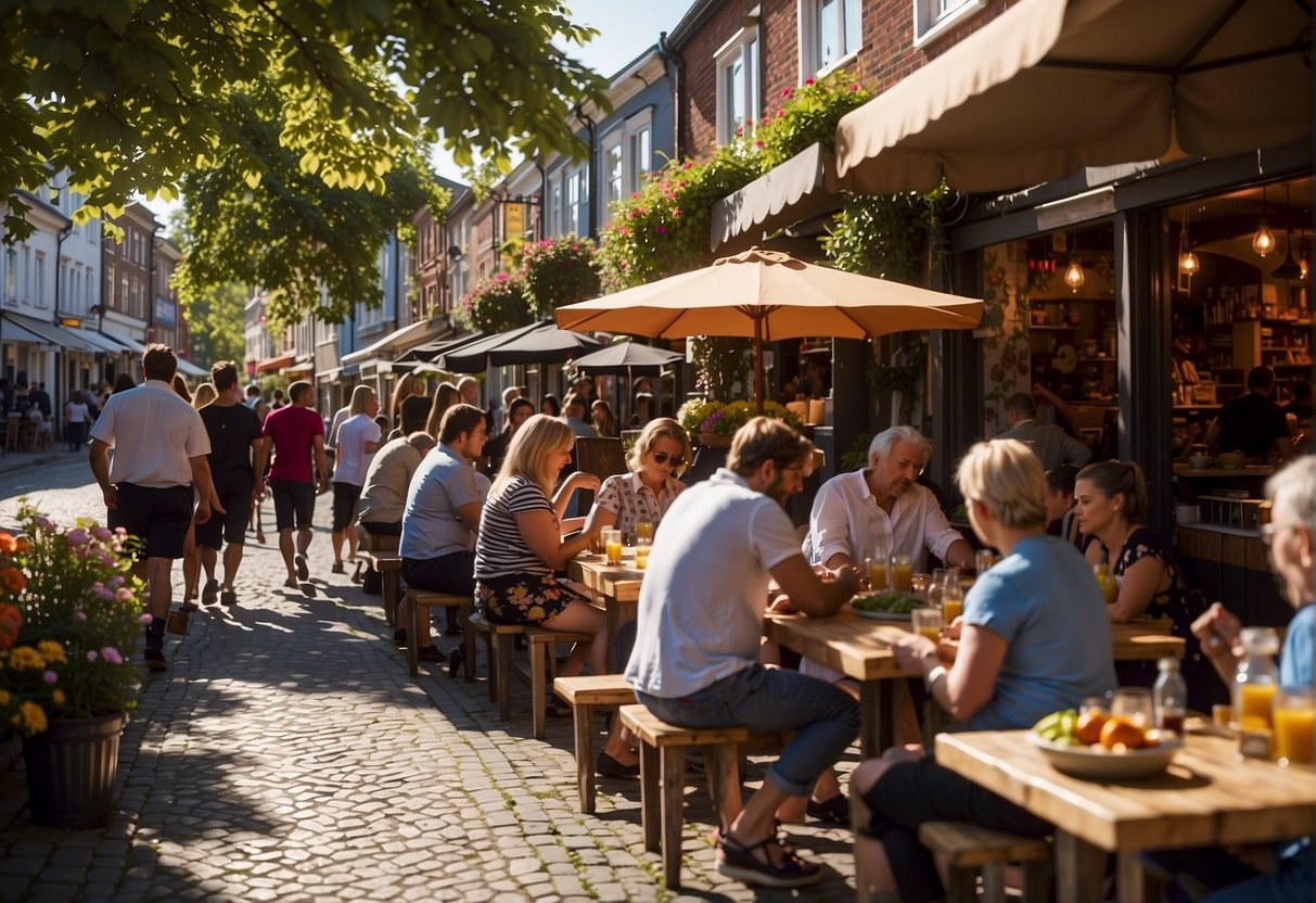 A bustling street in Sønderjylland, 2024. Colorful food stalls line the cobblestone road, emitting delicious aromas. Diners sit at outdoor tables, enjoying their meals under the warm sun