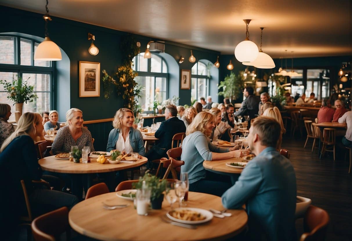 A vibrant dining scene in Sønderjylland with lively entertainment, diverse cuisine, and unique culinary experiences