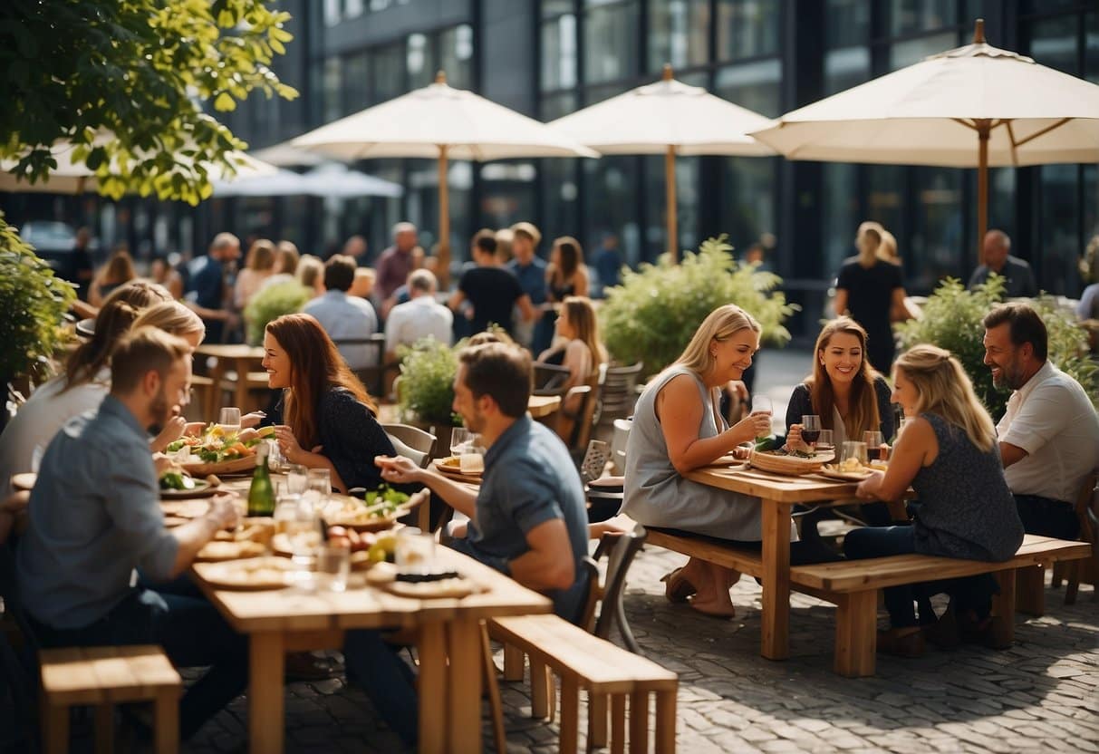 A group of people enjoying a catered lunch outdoors near Copenhagen's city center. Tables are set with delicious food and drinks, surrounded by a lively and bustling atmosphere