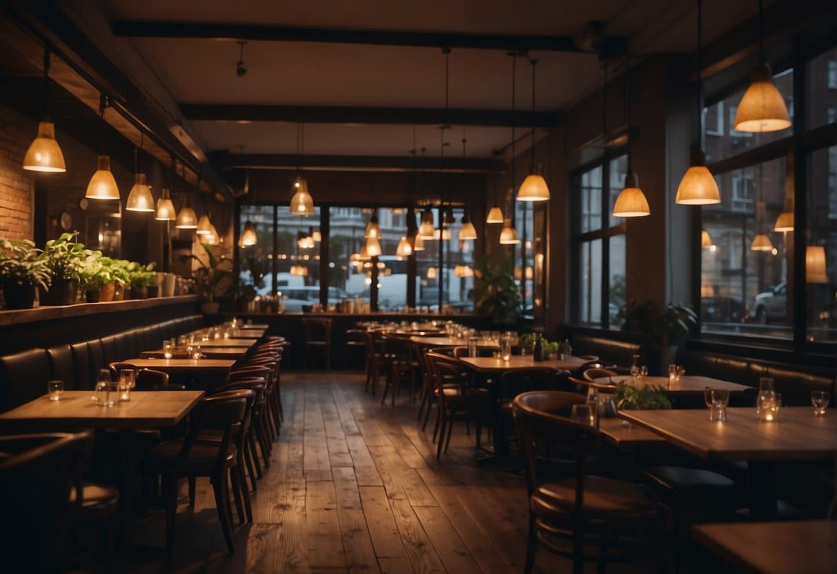 A cozy restaurant in Copenhagen with dim lighting, wooden tables, and a bustling open kitchen. Soft jazz music plays in the background as diners enjoy their meals