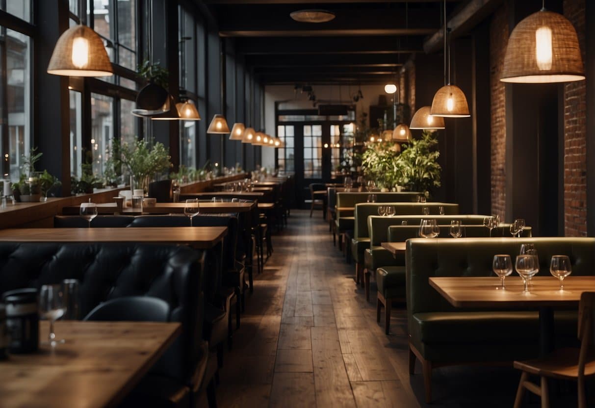 A cozy restaurant in Copenhagen with dim lighting, wooden tables, and a bustling open kitchen. Patrons enjoy modern Danish cuisine and a selection of fine wines