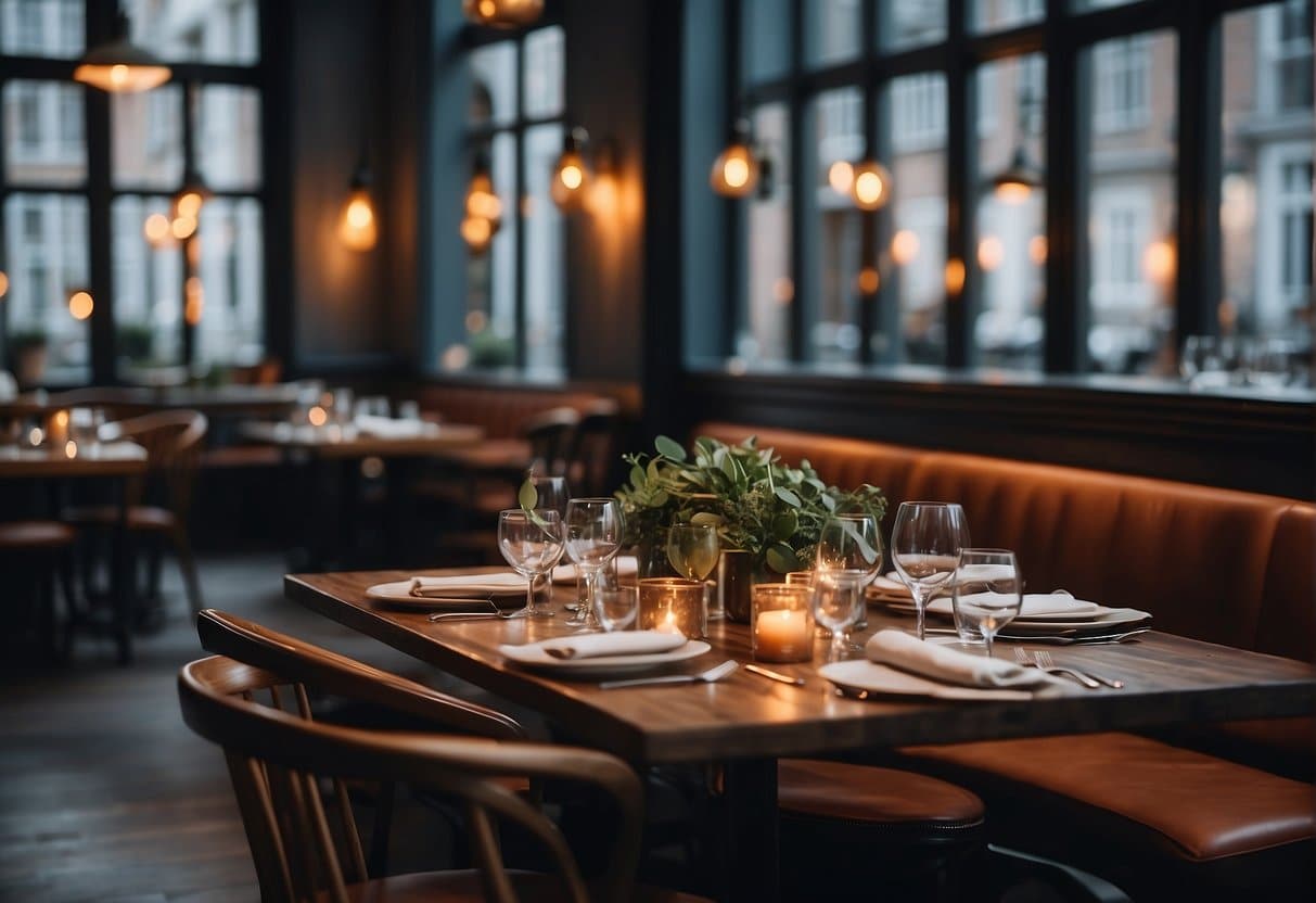 A cozy restaurant in Copenhagen with elegant decor and delicious gourmet dishes on the tables