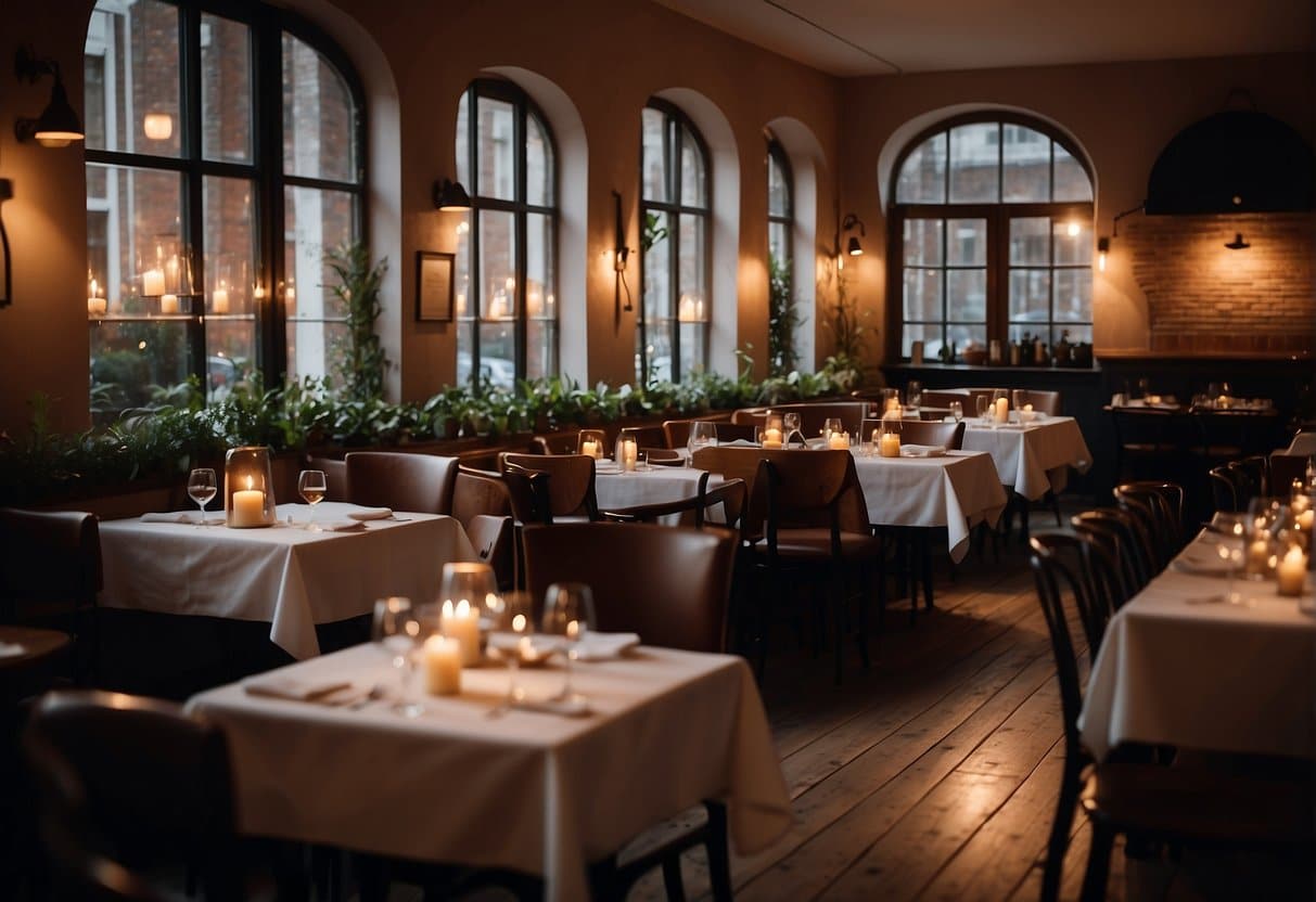 A cozy restaurant in Copenhagen, with warm lighting and elegant decor. Tables are set with white tablecloths and flickering candles. A chef can be seen through the open kitchen, preparing exquisite dishes