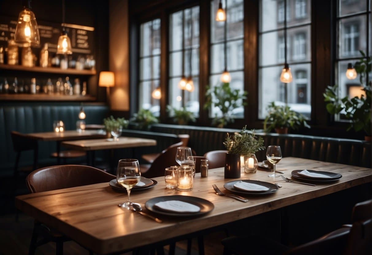 A cozy restaurant in Copenhagen, with dim lighting and rustic decor. Tables are set with elegant tableware, and a menu board lists the day's specials