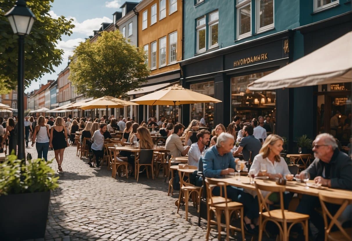 A bustling street in Copenhagen, filled with trendy mid-range restaurants and vibrant food culture. Outdoor seating, colorful signage, and a mix of locals and tourists enjoying the lively atmosphere