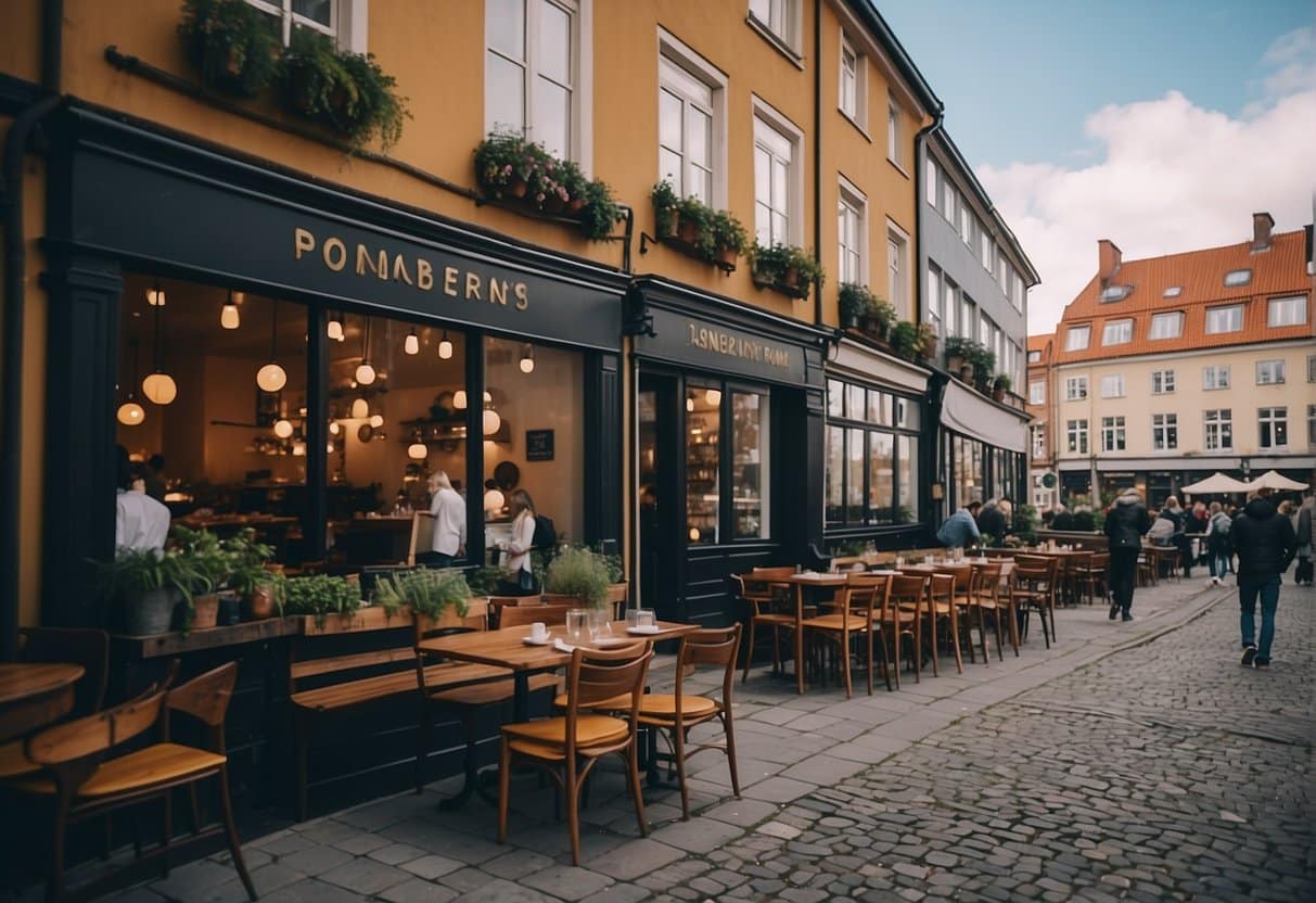 A bustling street in Copenhagen lined with diverse, high-quality mid-range restaurants. Vibrant signs and outdoor seating create a lively atmosphere